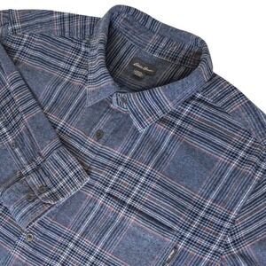 Eddie Bauer Mens XXL Plaid Flannel Shirt Long Sleeve Button Up Blue Red Pocket